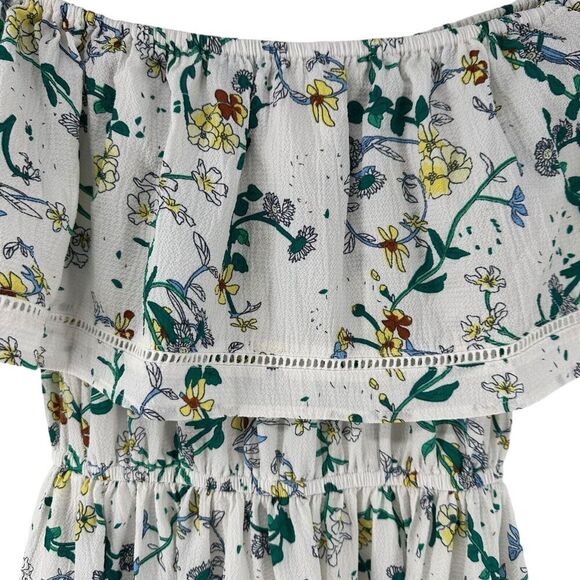 Off The Shoulder Midi Dress Ruffle White Green Floral Size 4 Pretty Little Thing - Picture 3 of 9